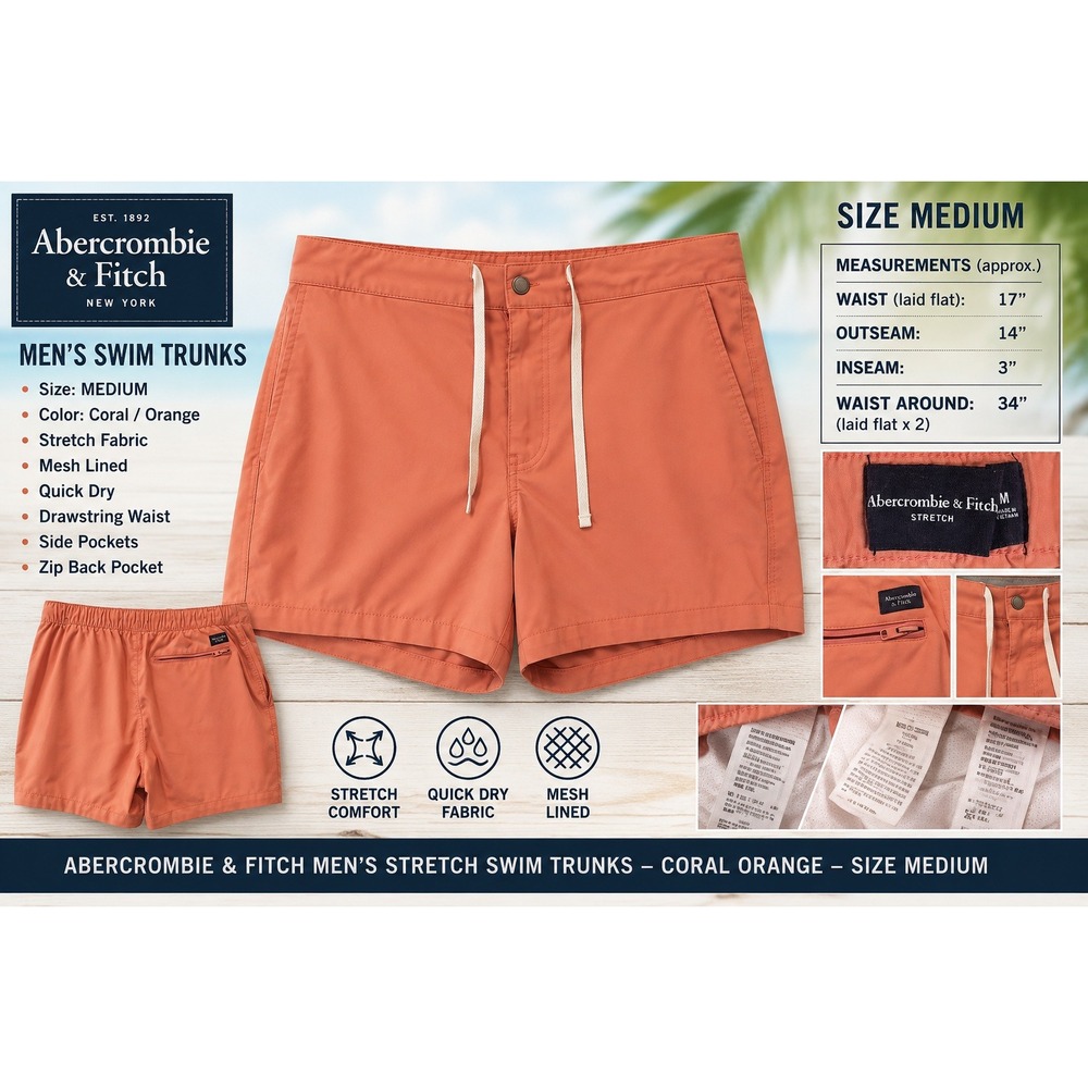 Abercrombie & Fitch Mens Stretch Swim Trunks Coral Orange Medium 133S0133